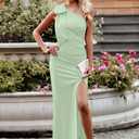 PRETTYGARDEN Women's Summer One Shoulder Long Formal Dresses Sleeveless Ruched Bodycon Wedding Guest Slit Maxi Dress (Green, S)