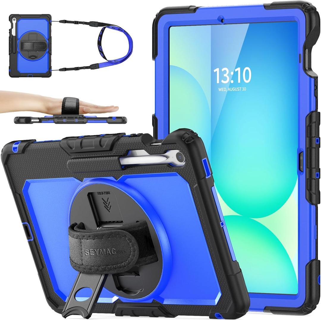 SEYMAC stock Case for Samsung Galaxy Tab S10 FE+ Plus 5G Tablet Case 13.1'' Protective with Screen Protector, Pencil Holder, 360 Rotating Stand, Hand Strap, Shoulder Strap, Blue 1
