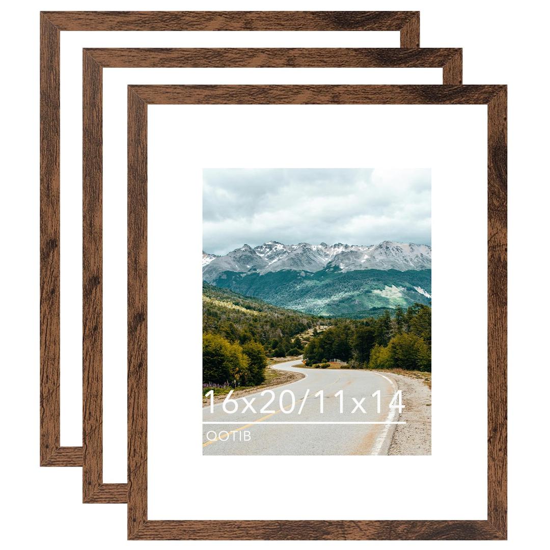 QOTIB Wood 16x20 Picture Frame with 11x14 Mat, Display 11x14 with Mat or 16x20 Without Mat, Wood 16 by 20 Photo Frame, 16 x 20 Frame for Wall Hanging Display, Deep Brown, 3 Pack