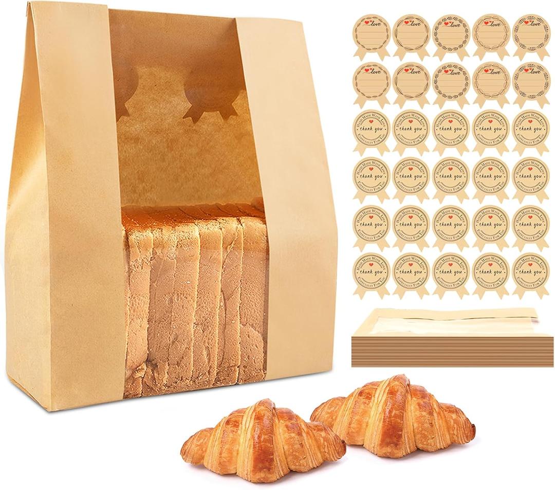 KEQ Bread Bags for Homemade Bread-Paper Bread Bag with Window-25 Pcs Sourdough Bread Bags with 30 Cute(10 Write-On) Sealing Stickers-Large Bakery Bags for Home Bakers & Bakery Owners