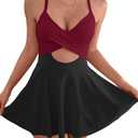 B2prity Women Cutout One Piece Skirt Swimsuit V Neck Wrap Tie Back Swimdress Tummy Control Bathing Suits (Medium, Red-4)