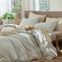 MooMee Striped Duvet Cover Set 100% Washed Cotton Linen Like Textured Breathable Durable Soft Comfy (Sage Green White Classic Stripes, King 104"x90")