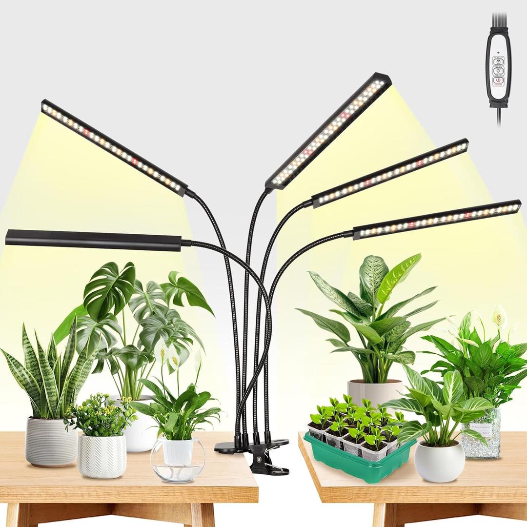 FOXGARDEN Grow Lights for Indoor Plants Full Spectrum, Plant Lights for Indoor Growing with Timer 4/8/12 H, Five-Head 260 LED Clip Grow Lamp with Gooseneck, 4 Brightness Levels for Plant Growing