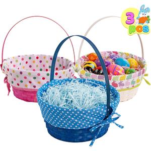 JOYIN 3 Pcs Easter Bamboo Baskets with Polka Dots Lining and Handle, Woven Easter Eggs Hunting Bucket, Wicker Candy Toys Storage Baskets for Picnic, Gift Packing, Party Favors Decorations(10" X 12")