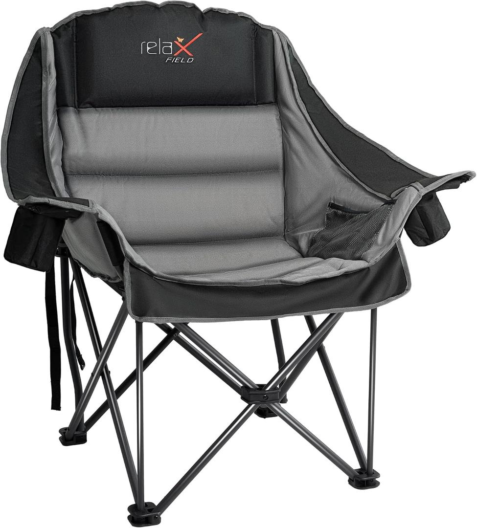 Oversized Camping Chair, Portable Folding Padded Camp Chairs with Side Pocket, Cup Holder, Heavy Duty Support 500LBS Outdoor Lounge Chair for Adults, Fishing, Sports, Trip, Black, 1pcs