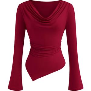 PRETTYGARDEN Womens Bell Long Sleeve Shirts Casual Cowl Neck Asymmetrical Slim Fit Crop Tops Y2K Going Out Spring Clothes (XX-Large, Burgundy)