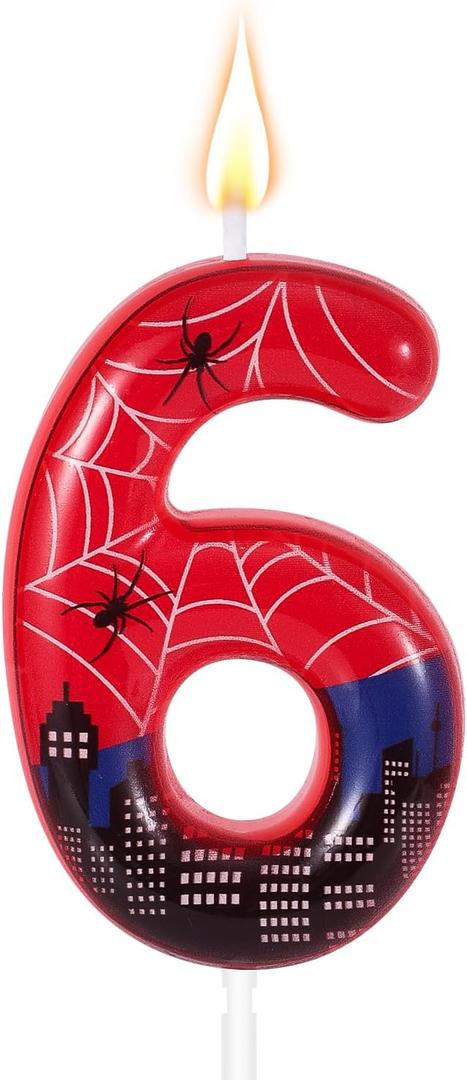 Spider Themed Birthday Candle, Red Blue Spider Web City Number Cake Topper Candle Party Decoration Supplies for Boy Girl Birthday Party Cake Decoration (6)
