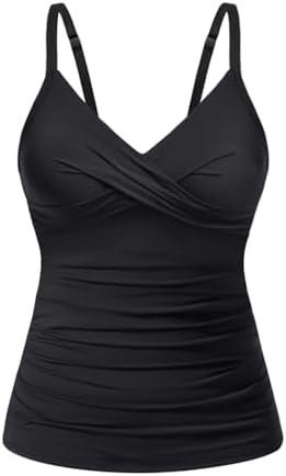 Yonique Women's Tankini Top Swimwear Twist V Neck Swimsuits Tummy Control Bathing Suits Top Only Size S