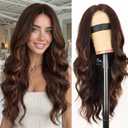 AISI HAIR Chocolate Copper Brown Mixed Light Brown Wig for Women, Long Wavy Lace Hairline Middle Part Synthetic Heat Resistant Wig for Daily Party-26 Inch