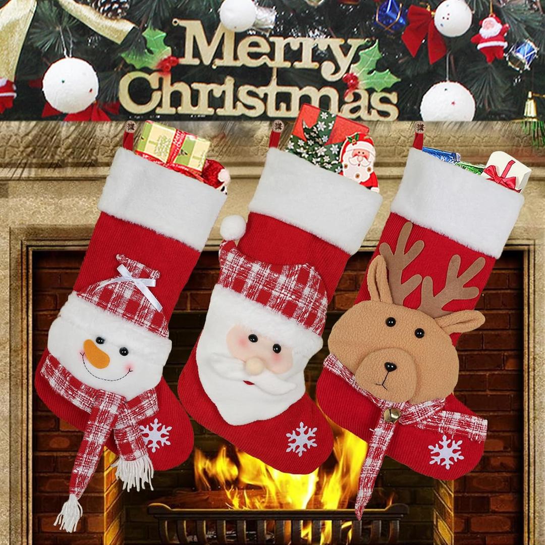 Christmas Stockings 18 Inches 3Pcs - Christmas Stocking with Snowflake Santa, Snowman, Reindeer and Plush Faux Fur Cuff Stockings for Family Holiday Decor