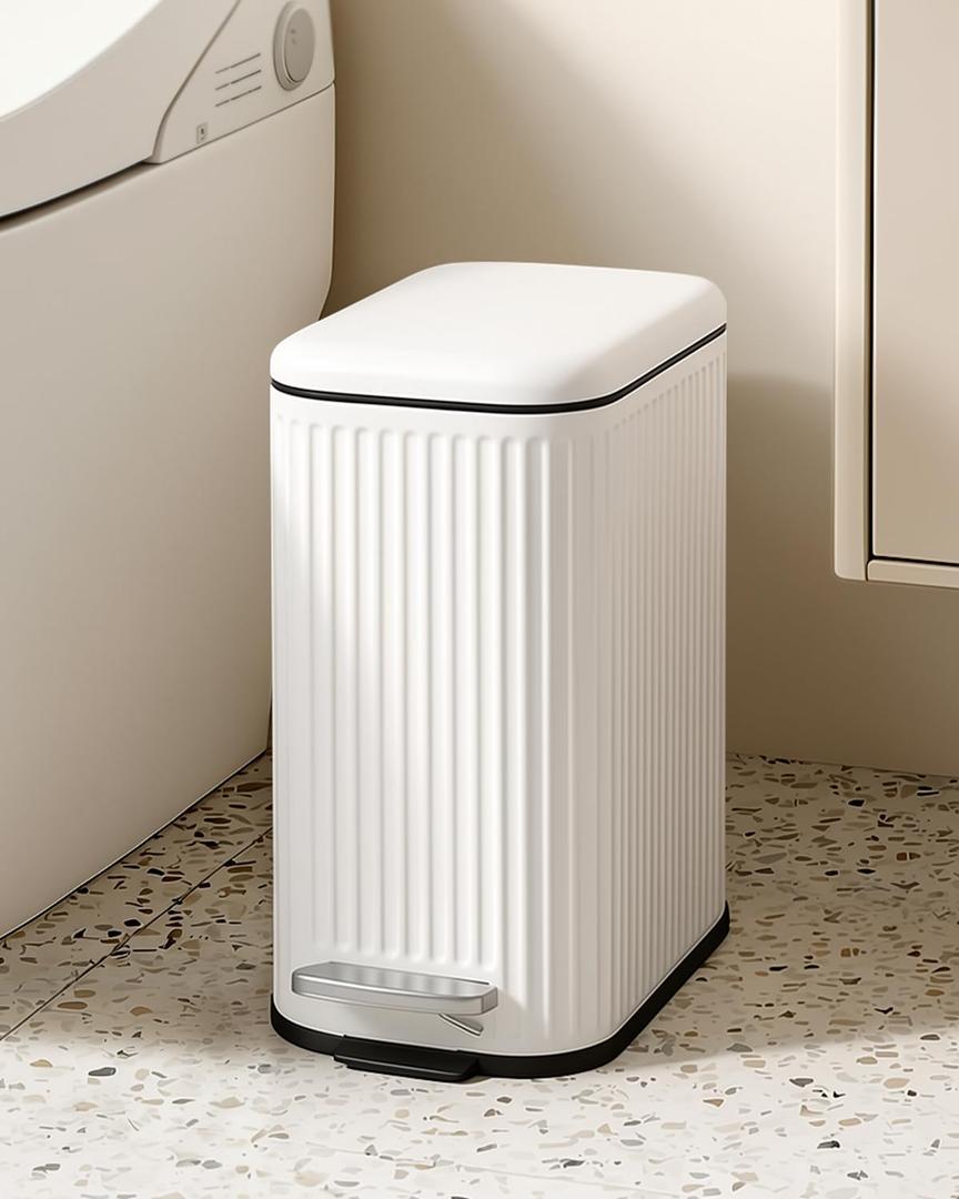 Cesun Bathroom Small Trash Can with Lid Soft Close - 1.3 Gallon Slim Garbage Can with Removable Inner Bucket, Stainless Steel Waste Basket with Step Pedal for Bedroom, Living Room, Office, White