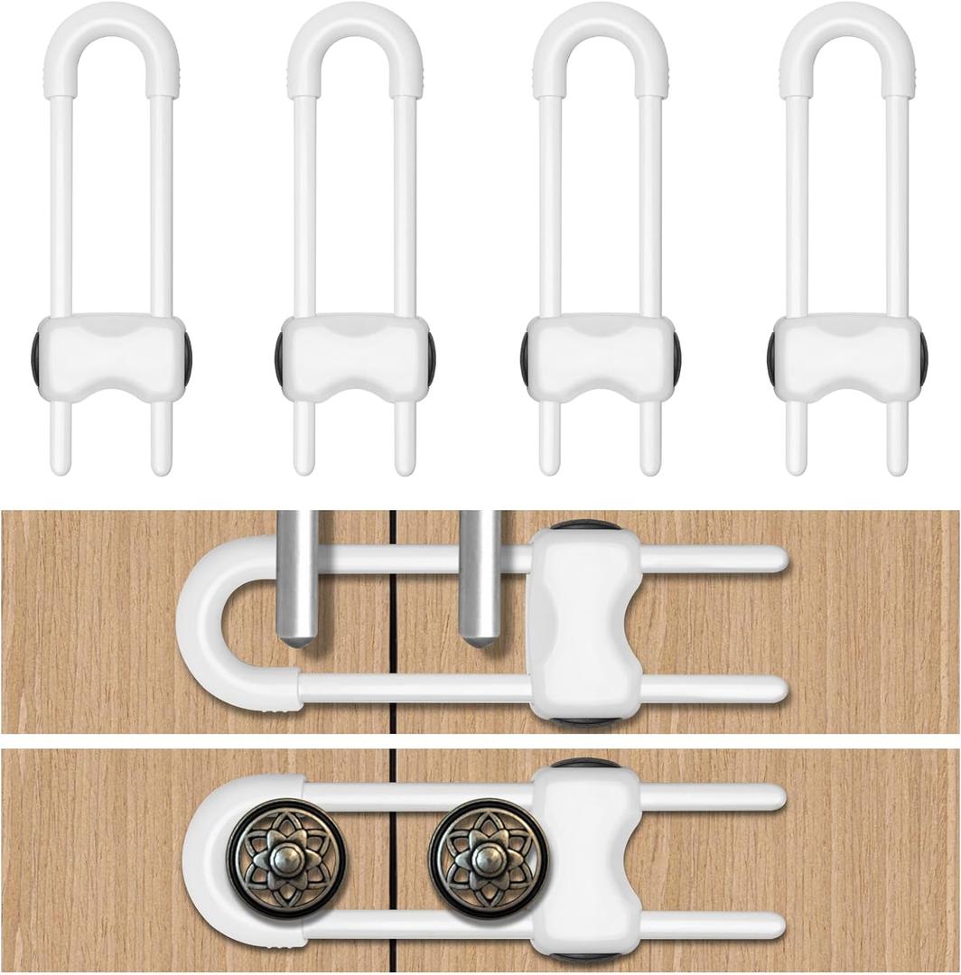 Cabinet Locks for Babies, Child Proof Cabinet Locks, 4 Pack U-Shaped Baby Proofing Cabinets, Child Locks for Cabinets and Drawers, Child Safety Cabinet Locks with Adjustable (White)