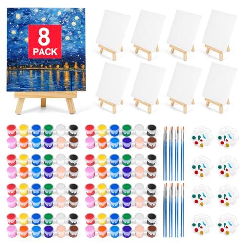 4 Pack 8 * 10In Canvas Boards for Painting, Art Canvas for Drawing with 16 Brushes & 8 Paint Trays & 16 Acrylic Paint, Mini Painting Canvas with Easel Set, Painting Kits for Adults & Kids Party