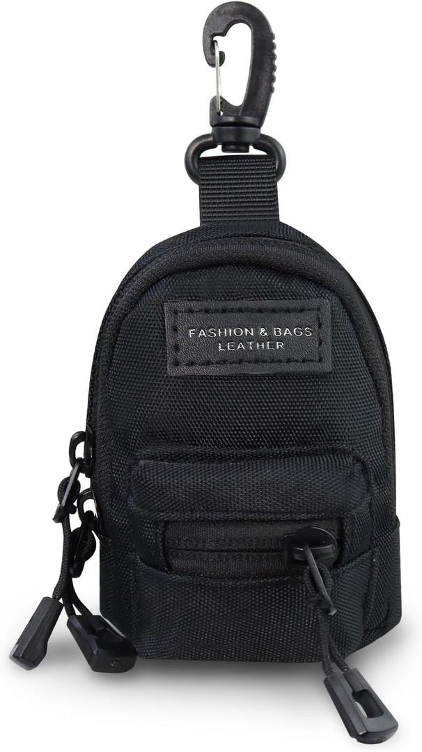 Outdoor Small Pouch with Carabiner Clip, 2-Layer Zipper Small Coin Purse with Detachable Neck Strap, Canvas Mini Bag Keychain for AirPod Earphone (Black)