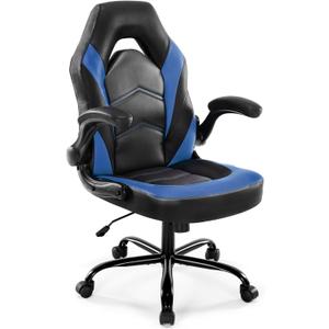 DUMOS Ergonomic Computer Gaming Chair - Home Office Desk with PU Leather Lumbar Support, Height Adjustable Big and Tall Video Game with Flip-up Armrest, Swivel Wheels for Adults and Teens (Blue)