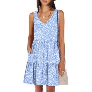 ANRABESS Womens Summer Casual Tank Dress Sleeveless V Neck T Shirt Sundress Flowy Tiered Swing Mini Beach Vacation Dresses Blue White Floral Medium