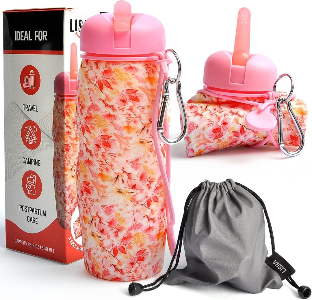 Lisha Portable Travel Bidet, Peri Bottle, Rolls-Up Compactly for Discreet Carry, Silicone Bidet Bottle with Leakproof Lid, Dust Bag and Clip (16.9 oz Capacity) (Spring)