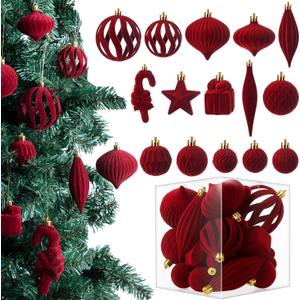 Jenaai 28pcs Velvet Christmas Balls Ornaments Wine Red Burgundy Flocked Christmas Tree Ball Decorations Vintage Shatterproof Plastic Balls Neutral Ornaments for Xmas Decorative Hanging
