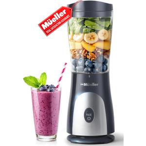 Mueller Smoothie Blender for Smoothies - Personal Blender for Shakes, Frozen Drinks, Baby Food & More, 15oz Travel Cup and Lid, Durable Stainless Steel Blades for Powerful Blending Performance (Light Grey)
