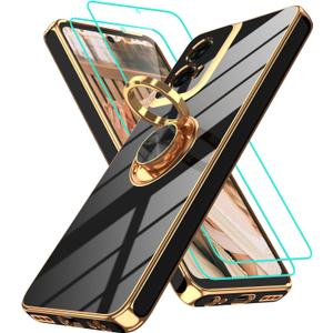 for Motorola Moto G 5G 2024 Case: Moto G Play 5G 2024 Case with 2Pcs Screen Protector,360 Rotation Ring Holder Magnetic Kickstand,Plating Gold Edge Soft TPU Protective Cover, Black
