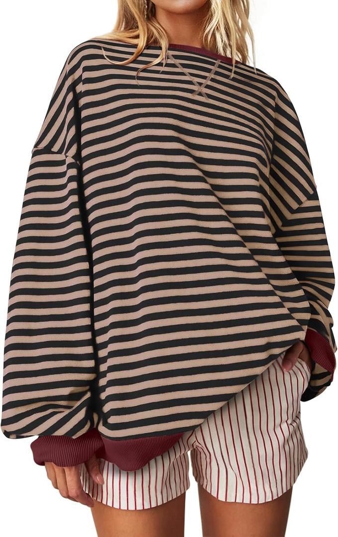 UEU Women Oversized Striped Crewneck Sweatshirt Long Sleeve Color Block Pullover Tops Casual Loose Workout Shirt (Large, Black Coffee Stripe)
