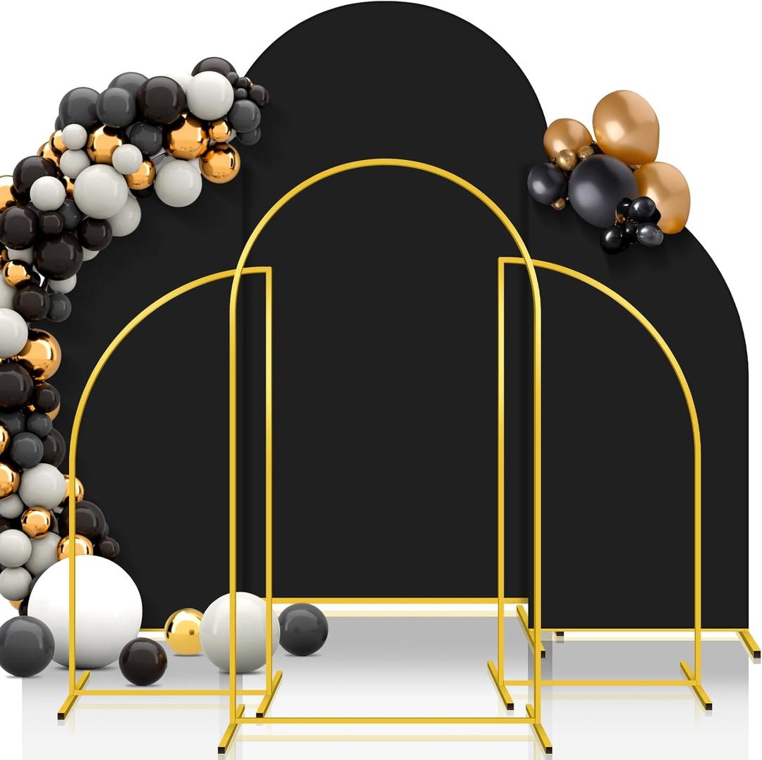 JaGely 3 Sets Wedding Metal Arch Backdrop Stands with Covers 7.2 ft/5 ft Frame Arched Backdrop Polyester Fitted for Party Ceremony Decor(Black)
