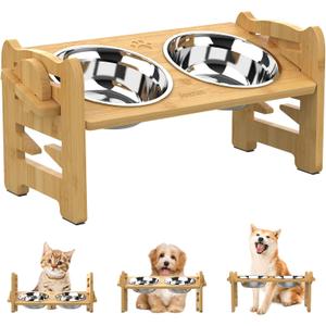 Jovrun Elevated Dog Bowls, Adjustable Raised Dog Bowl Stand for Small Size Dogs and Cats, 15°Tilted Elevated Cat Bowls, Durable Bamboo Dogs Feeder with 2 Stainless Steel Bowls and Non-Slip Feet
