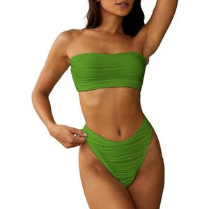 ZAFUL Women Strapless Textured Bandeau Bikini 2 Piece Swimwear Cheeky Solid Lace up Bathing Suits (Small, 1-light Green)