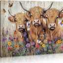 BLINFEIRU Highland Cow Wall Art Decor, Rustic Farmhouse Cows with Flowers Painting Canvas Print, Western Country Animals Picture for Living Room Bedroom Bathroom Decorations, Framed Ready to Hang (16"L x 12"W)