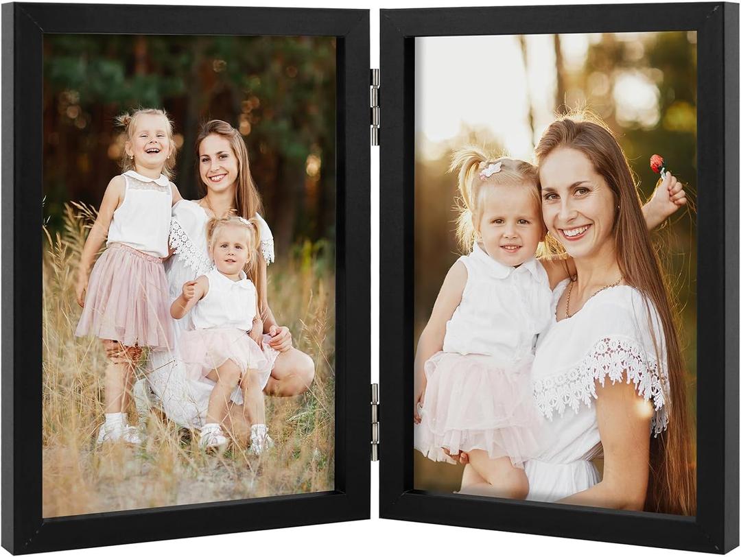 Space Art Deco Double 4x6 Picture Frame, 2 4x6 Folding Photo Frame, Standing Vertically on Desktop or Tabletop, Home Decorative Christmas Holiday Gift, Black