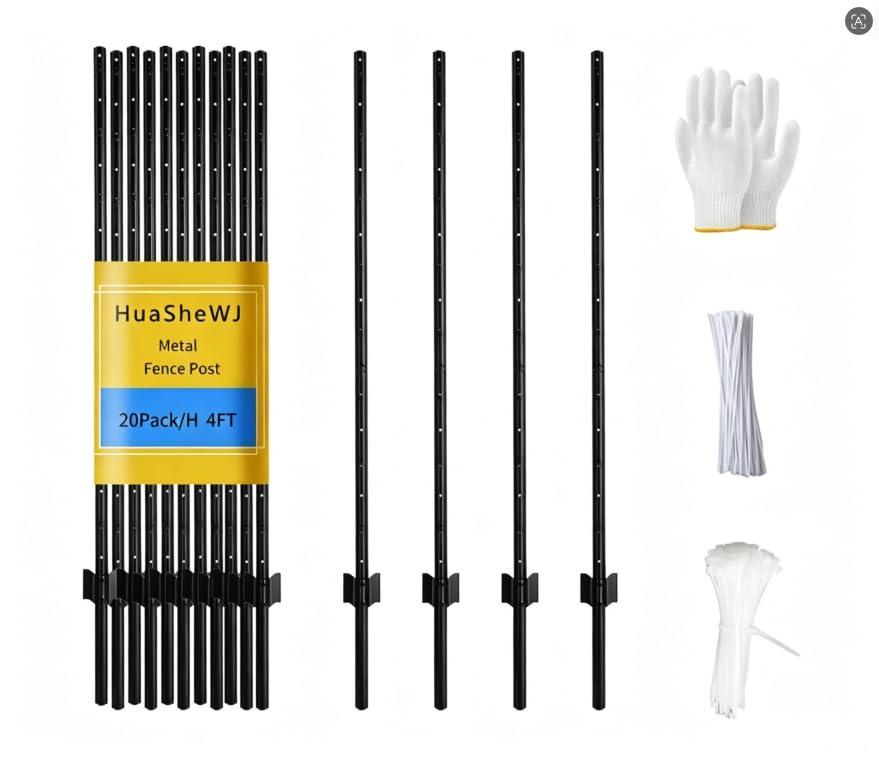 Metal Fence Post 4 Feet Black Pack of 20 U Post for Wire Fence