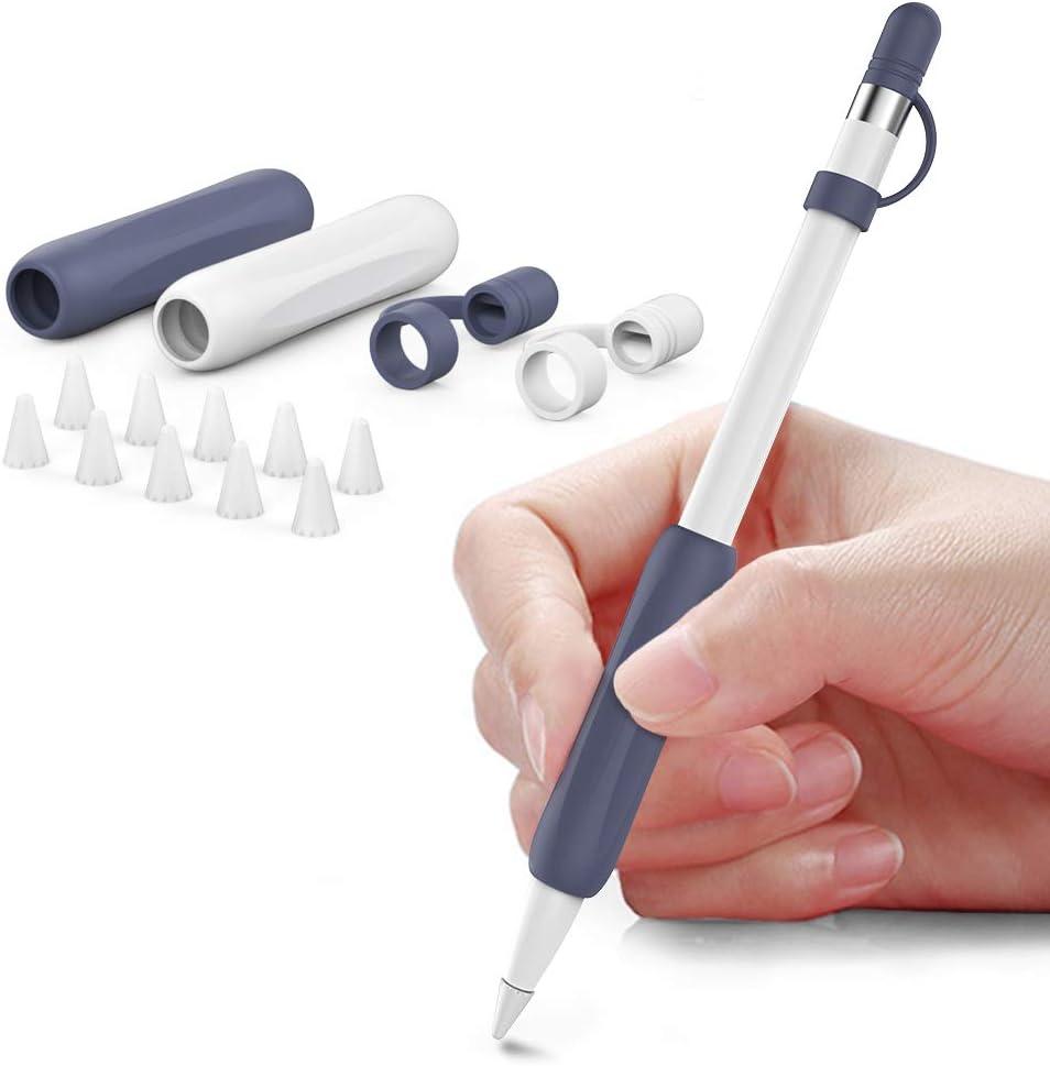 Delidigi 2 Pack iPencil Grip Ergonomic Sleeve with Anti-Lost Replacement Cap Plus Tips Cover Accessories Set Compatible with Apple Pencil 1st Generation (White, Midnight Blue)