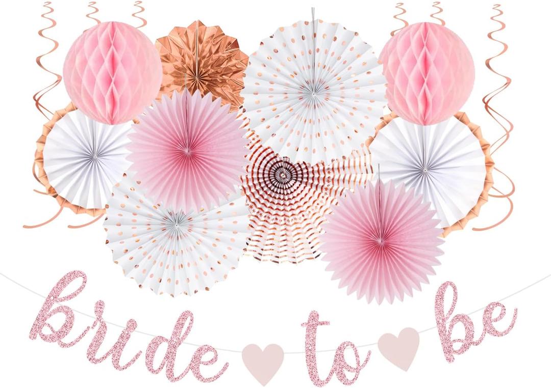 Pink Rose-Gold Bridal-Shower Party-Decorations Streamers - 17pcs Kits Bride To Be Banner Garland,Bachelorette Wedding Paper Tissue Pom Poms Fan,Honeycomb Lanterns Decor Panduola