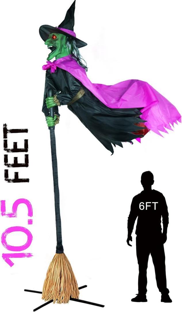10.5FT Outdoor Animated Flying Witch Halloween Decor on Broom, Sound Activation,Eyes Glowing,Scary Sounds, Animatronics Hover Witch for Garden Yard Lawn Decorations