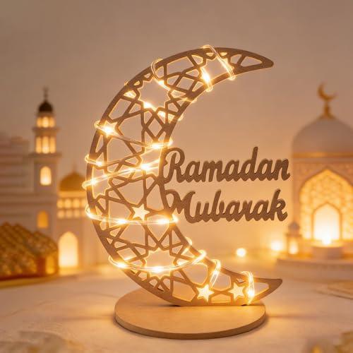 Ramadan Decorations Lights for Home, Wooden Ramadan Crescent Lights Decor Table Decor Eid Al Adha Lanterns Centerpiece with Star Ornament Islamic Home Table Moon + Text 15.74 * 11.81 * 0.35in