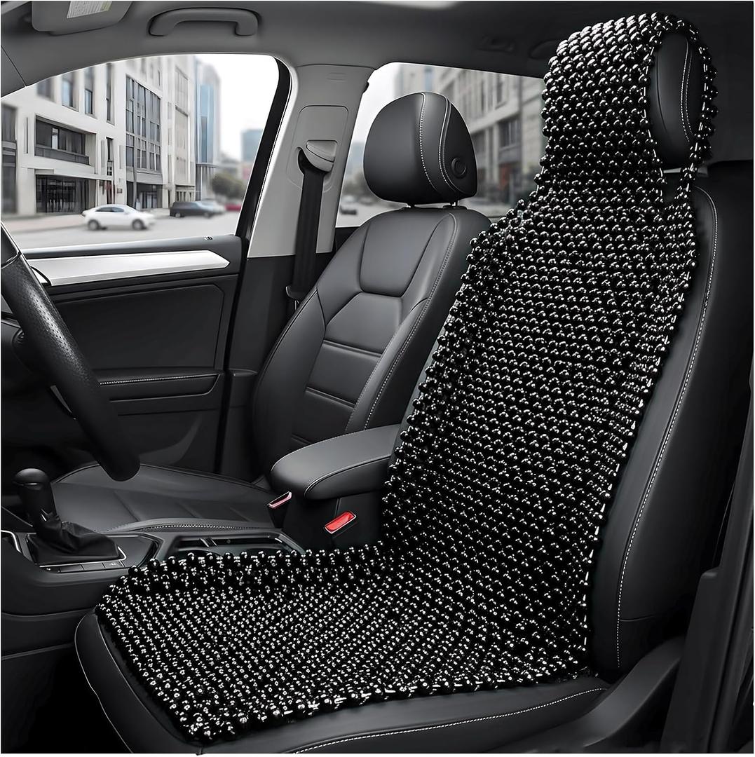 Natural Wood Beaded Seat Cover, Breathable & Cool Car Front Seat Massaging Cushion Mat, Universal Auto Seats Cooling Cushion Keeps Back from Getting Sweaty While Driving (Black)
