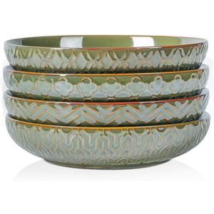 Sureasy 9.7" Pasta Bowls Set of 4, 42 oz Large Salad Bowls for Kitchen, Embossed Ceramic Serving Bowls for Fruits, Soup, Pasta and Salad, Microwave & Dishwasher Safe, Green