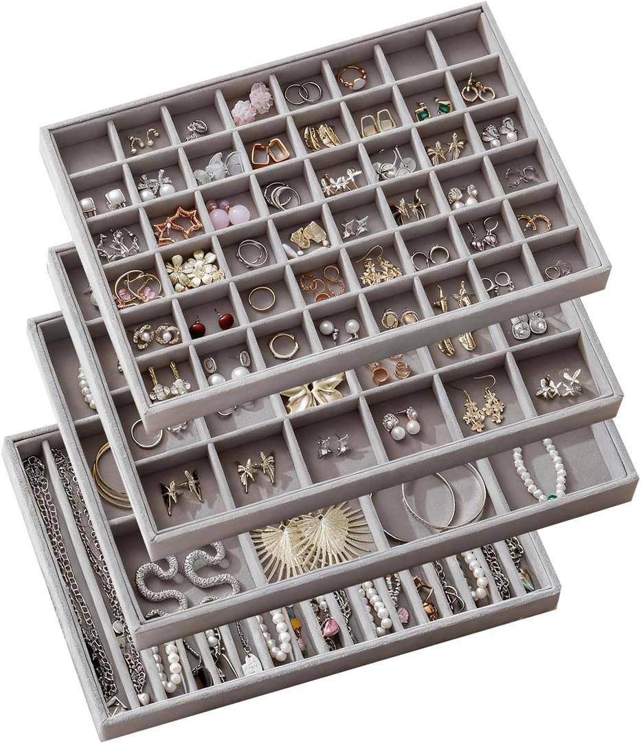Large Jewelry Drawer Organizer Trays Set of 4, Stackable Velvet Jewelry Trays Organizer Holder Display Storage Showcase for Earring Necklace Bracelet Ring Accessary (Gray, 12+17+24+48 Grids)