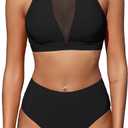 ZAFUL Women's Sheer Mesh Bikini Set High Waisted Tummy Control 2 Piece Tankini Swimsuit Bathing Suit (Large)