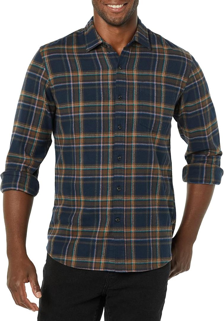 Amazon Essentials Men's Flannel Shirts Long Sleeve, Slim-Fit Button Down Plaid (Large, Brown Dark Navy Plaid)