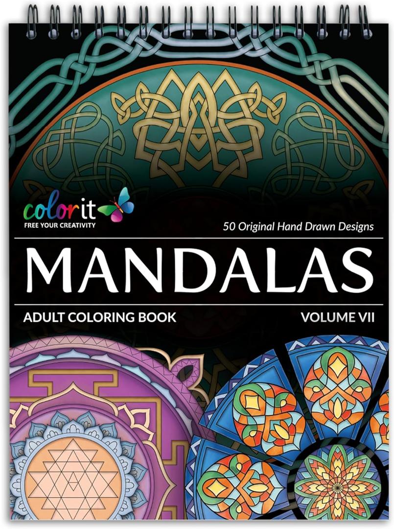 ColorIt Mandalas Volume VII Spiral Bound Adult Coloring Book with 50 Mandala Patterns for Relaxation and Stress Relief - Includes Perforated Pages, Thick Paper, Hardback Covers, and Blotter Page