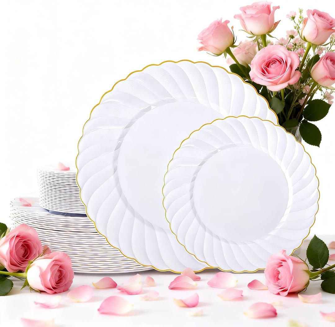 U-QE 60 Pcs White Plastic Plates with Gold Rim Fancy Scalloped Plates Disposable - Premium Hard Plastic Plates Include 30 10" Dinner & 30 7" Dessert Plate for Party & Mother's Day
