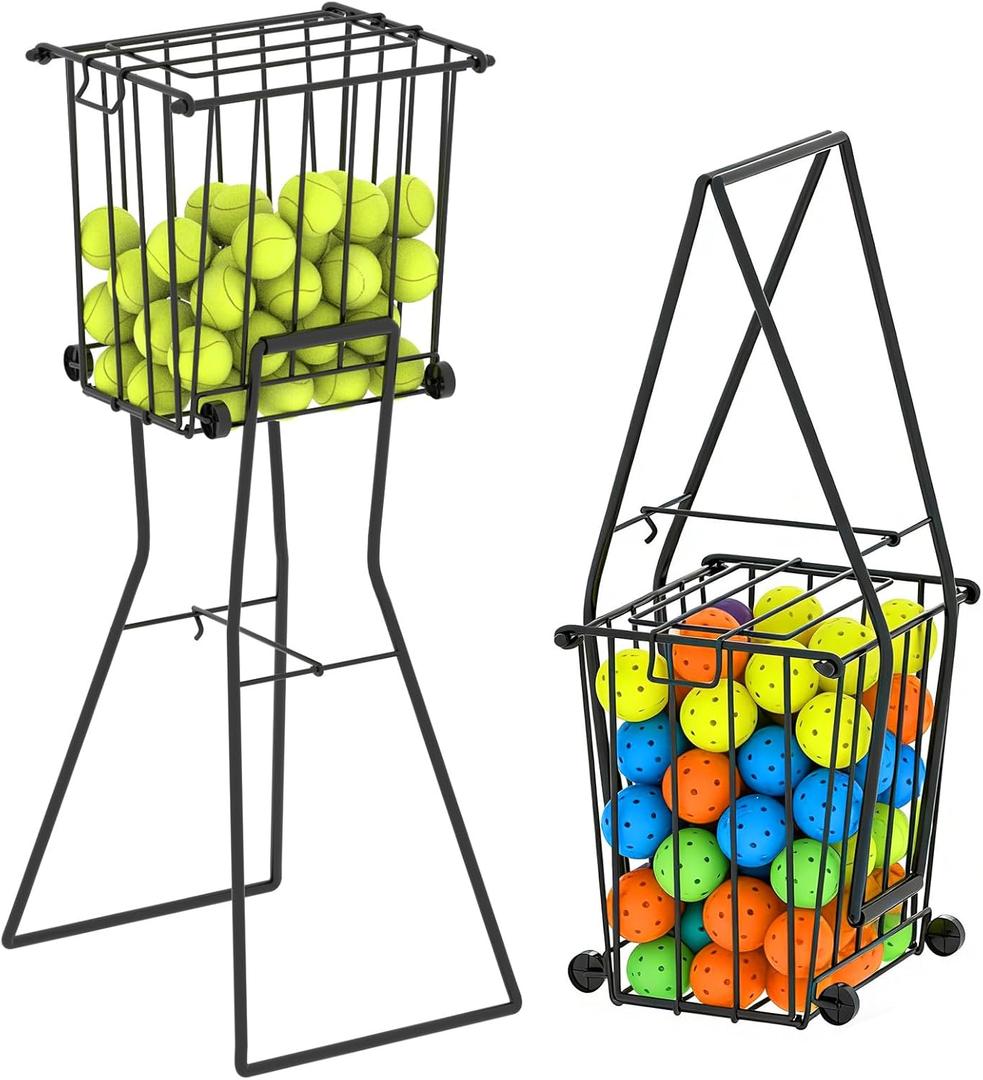 Tennis & Pickleball Hopper with Wheels  Ball Pick Up Basket, Pickleball Ball Retriever Ball Holder Storage Holds 75 Tennis Balls & 50 Pickleballs