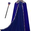 GRAJTCIN King Costume Cape for Adult Mardi Gras Velvet Robe and Crown & Scepter 3PCS Set (120CM/47", Blue)