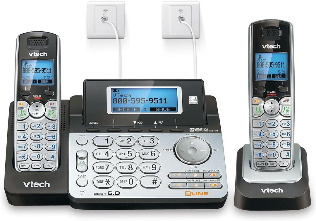 VTech DS6151-2 2-Line Expandable Cordless Phone System with 2 Handsets, Digital Answering System, Caller ID, DECT 6.0 - Home & Small Business (Black/Silver)