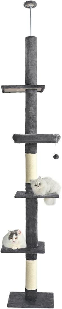 Floor to Ceiling Cat Tree,Cat Tower with Adjustable Height 95-110 Inches,5 Tiers Tall Cat Tree Ceiling to Floor with Cozy Bed,Platforms,Sisal Scratching Posts for Large Cats,Gray