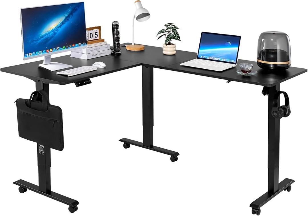 VEVOR L Shaped Standing Desk with Wheels, 63 x 55 inch 3-Level Height Adjustable Electric Corner Standing Desk with Power Outlet, Heavy Duty Carbon Steel Sit Stand Computer Table, Easy to Assemble