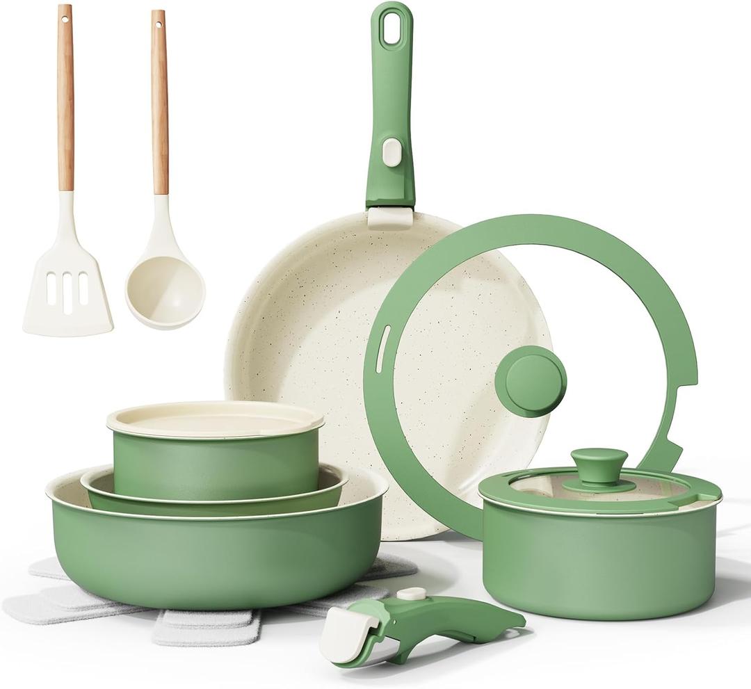 Ceramic Nonstick Cookware Set, Healthy,Non Toxic,17-Pieces Pots and Pans Set Removable Handles,Induction RV Kitchen Set,Stain & Scratch-resistant,Dishwasher/Oven Safe,PFAS/PFOA Free,Green