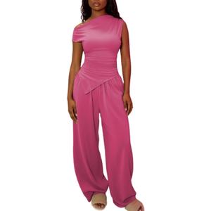 Ulovmi Women 2 Piece Outfit Off Shoulder Wide Leg Pants Set (XL)