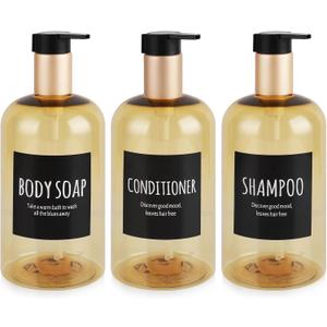 Plastic Press Shampoo and Conditioner Dispenser Set of 3,Refillable 16.9oz Shampoo Bottles Shower Soap Dispenser with Waterproof Labels for Bathroom (Amber Gold)